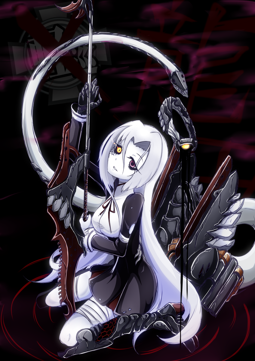 1girl, black_sclera, heterochromia, highres, kantai_collection, ogawa-syou, polearm, purple_hair