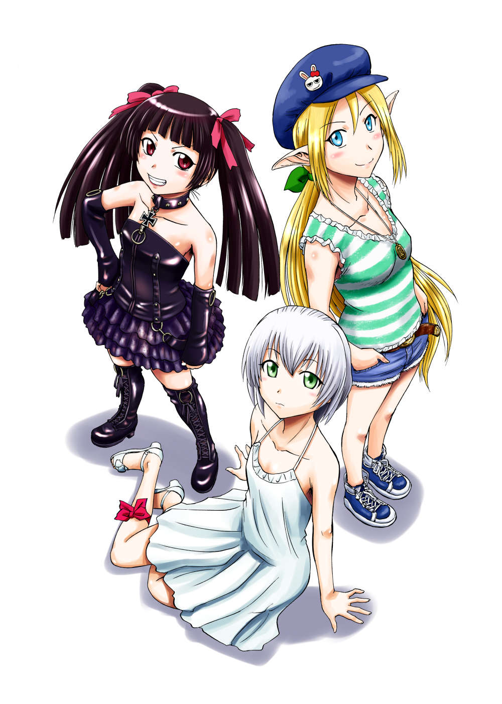 3girls, bare_shoulders, black_hair, blonde_hair, blue_eyes, boots, collar, detached_sleeves