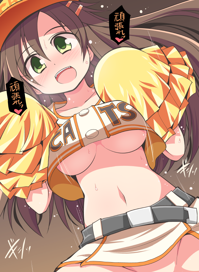 belt, blush, breasts, brown_hair, celebi_ryousangata, cheerleader, green_eyes, hair_ornament