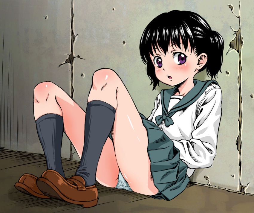 1girl, black_hair, black_legwear, brown_eyes, kuraue_hinata, loafers, mitamura-kun_(landcell), panties