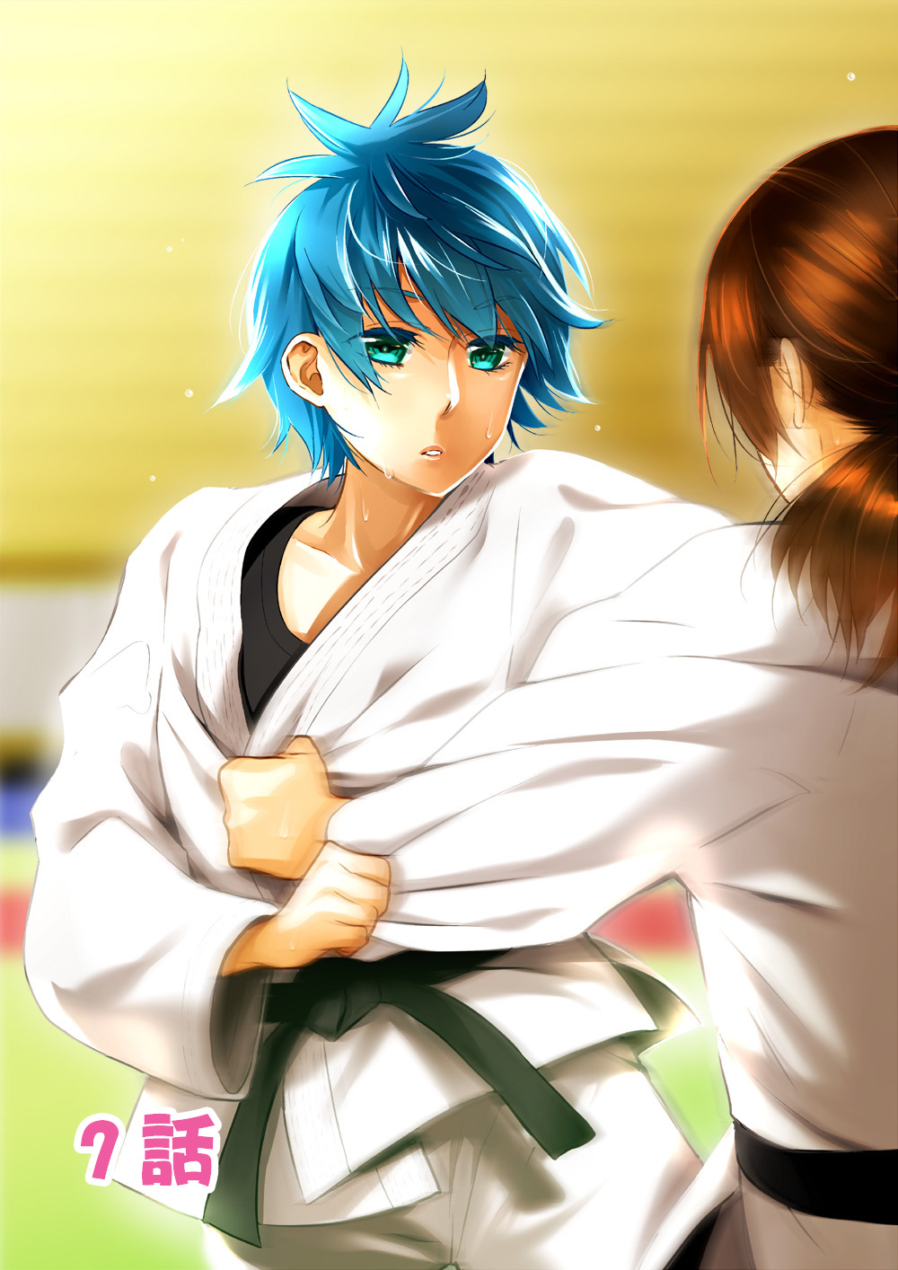 2girls, aino_akua, aqua_eyes, blue_hair, dougi, highres, mitsubshi_glasses, multiple_girls, official_art, renai_boukun, short_hair, solo_focus, sweat