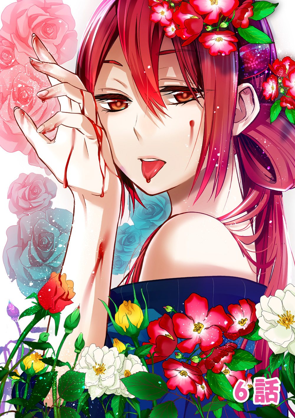 1girl, blood, brown_eyes, flower, hair_ornament, hairclip, highres, hiyama_akane_(renai_boukun)