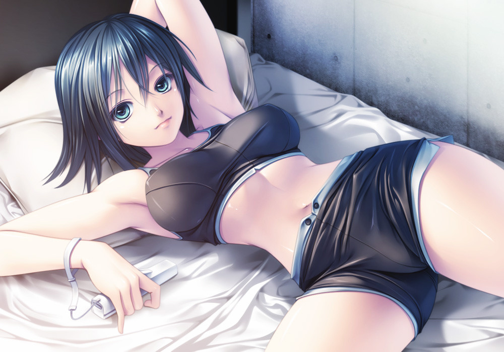 1girl, armpits, bare_shoulders, bed, blue_eyes, blue_hair, breasts, controller, game_controller, lying, midriff, navel, original, pillow, rezi, short_hair, shorts, solo, sports_bra, tagme, wii_remote, wrist_straps