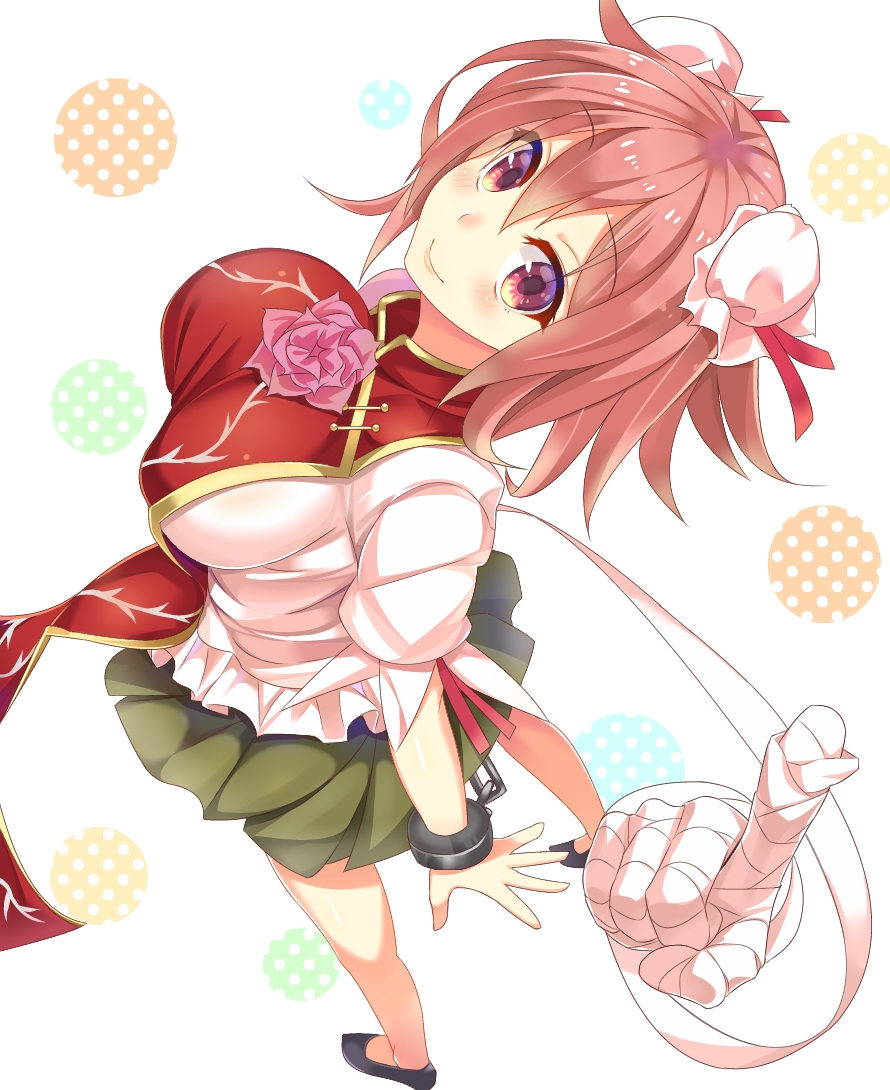 1girl, ashu, bandages, breasts, bun_cover, cuffs, detached_hand, double_bun