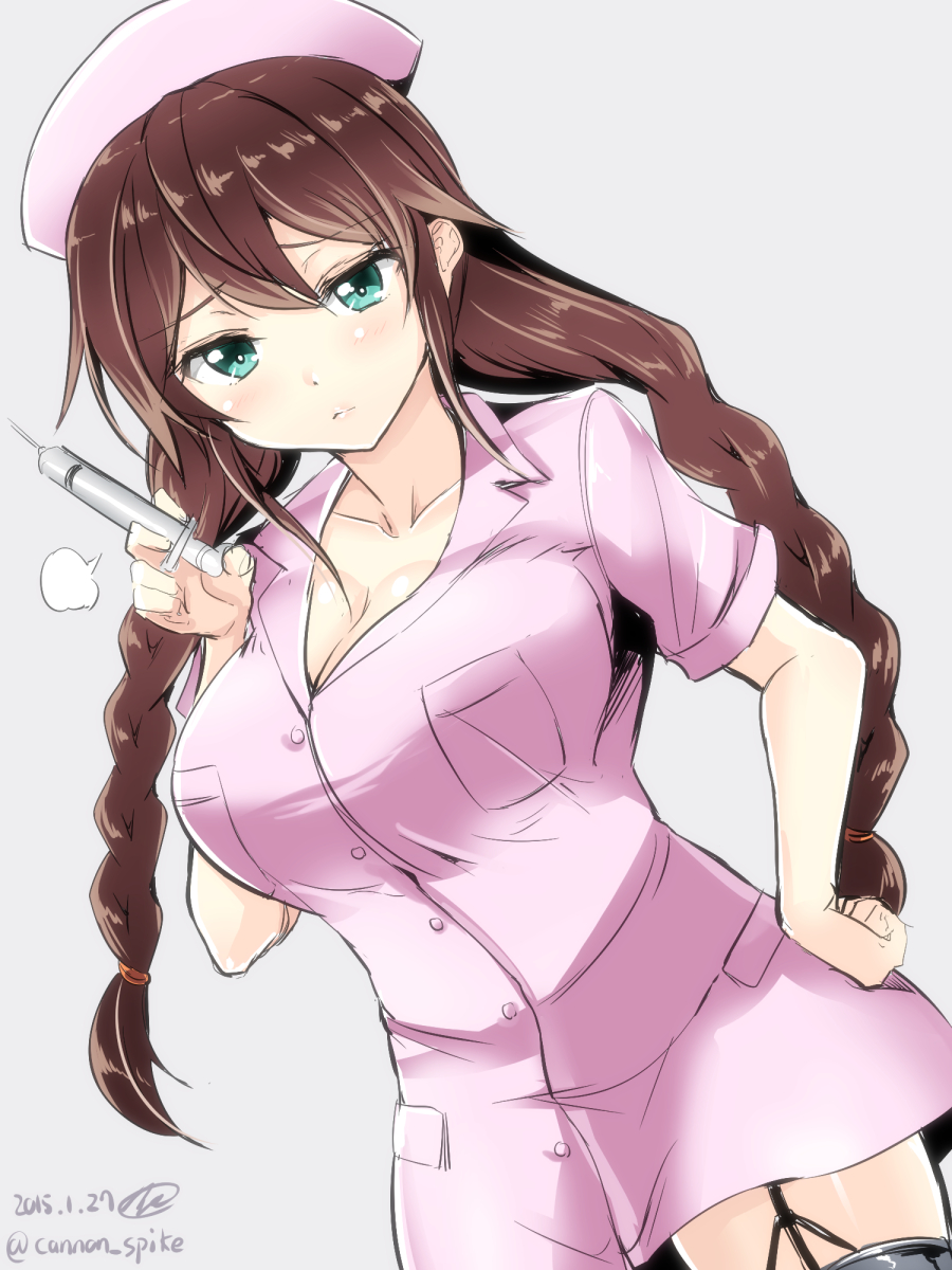 1girl, alternate_costume, aqua_eyes, braid, breasts, brown_hair, cleavage, garter_straps