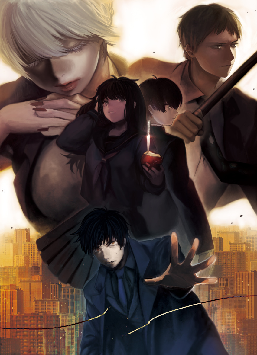 2girls, 3boys, apple, black_hair, chin_rest, cityscape, closed_eyes, coat, food, fruit, hand_on_own_head, highres, knife, long_hair, multiple_boys, multiple_girls, original, poster, school_uniform, serafuku, short_hair, sweatdrop, zipperradio
