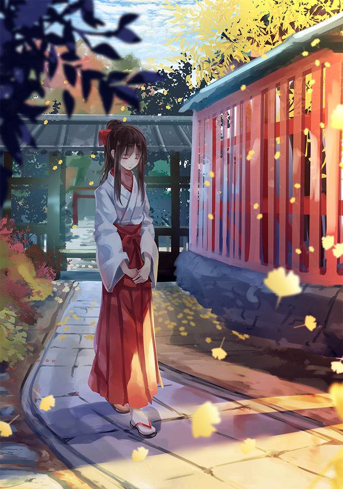 1girl, architecture, autumn, brown_hair, closed_eyes, east_asian_architecture, japanese_clothes, leaf