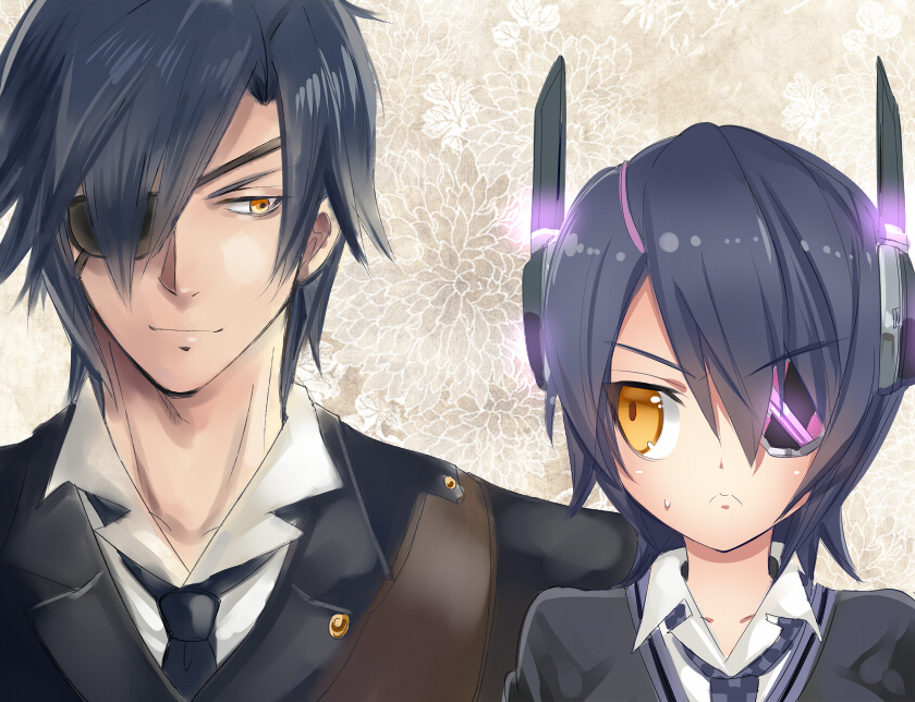 1boy, 1girl, black_hair, cardigan, crossover, eyepatch, formal, headgear