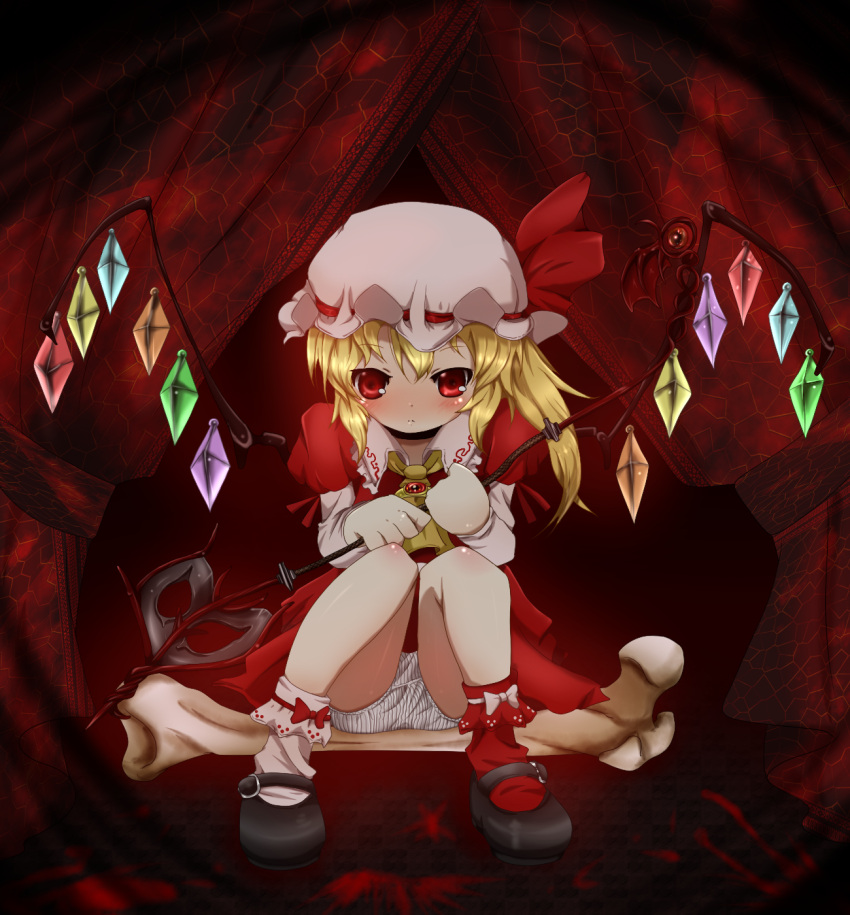 1girl, ascot, blonde_hair, blush, bone, curtains, dress, flandre_scarlet