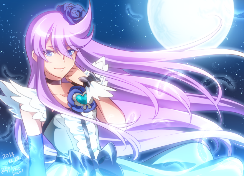 0417nao, 1girl, blue_eyes, blue_rose, bow, choker, cure_moonlight, feathers