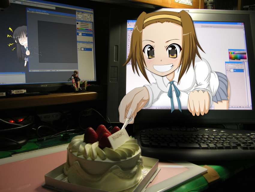 akiyama_mio, anger_vein, birthday, cake, clenched_teeth, computer, cracks, food, grin, hairband, highres, k-on!, pastry, school_uniform, smile, su-35_(artist), tainaka_ritsu, through_screen, wacom