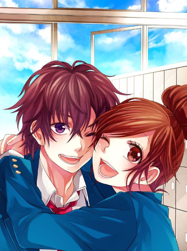 1boy, 1girl, brown_eyes, brown_hair, enomoto_natsuki, hair_bun, hug, kokuhaku_jikkou_iinkai