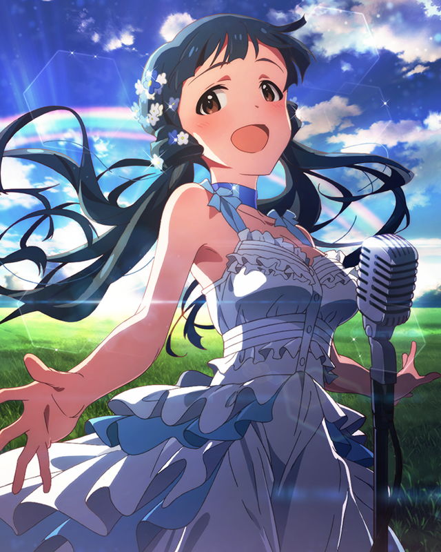 1girl, :d, blue_hair, blue_sky, brown_eyes, clouds, flower, grass