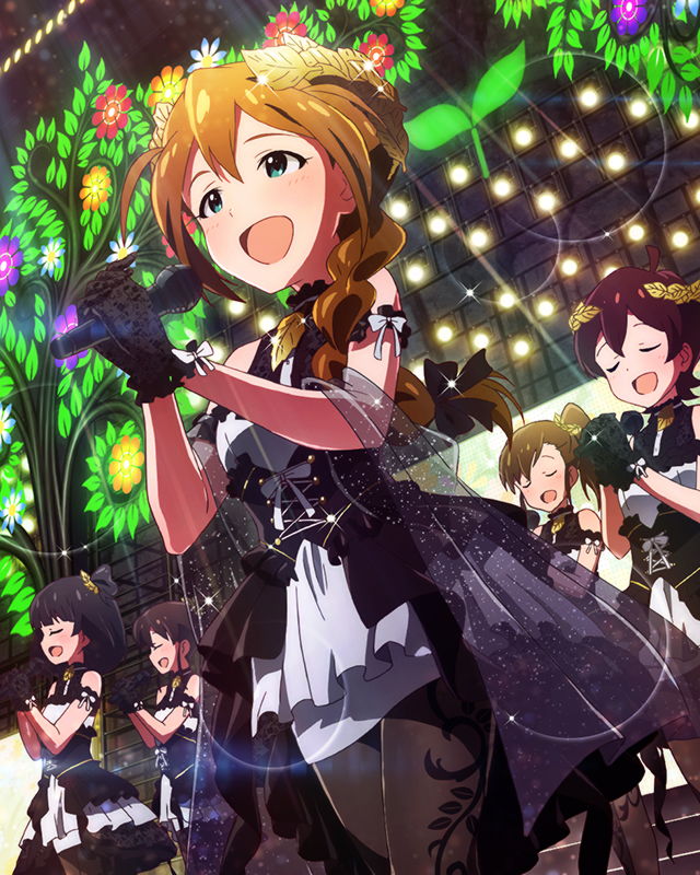 5girls, :d, aqua_eyes, baba_konomi, black_gloves, braid, brown_hair, chorus