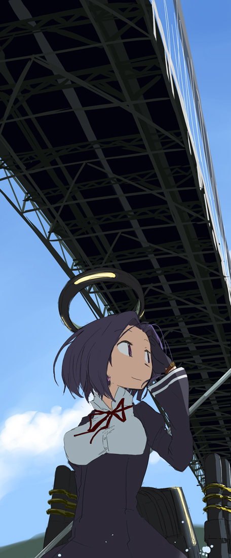 1girl, blue_sky, bridge, clouds, glaive, gloves, imai_tetsuya, kantai_collection