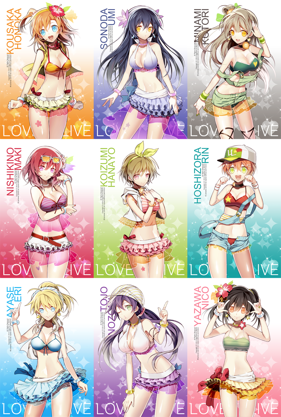 ayase_eli, belt, bikini, black_hair, blonde_hair, blue_eyes, bracelet, brown_hair