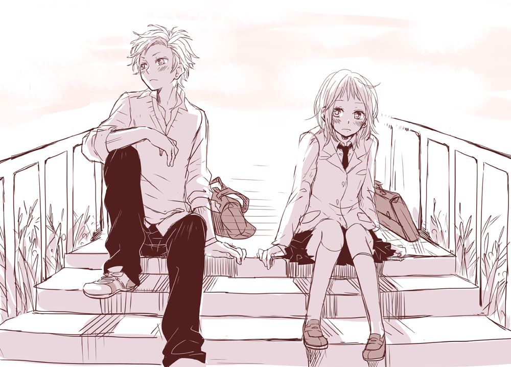 1boy, 1girl, aida_miou, bag, blush, hatsukoi_no_ehon_(vocaloid), kokuhaku_jikkou_iinkai, monochrome