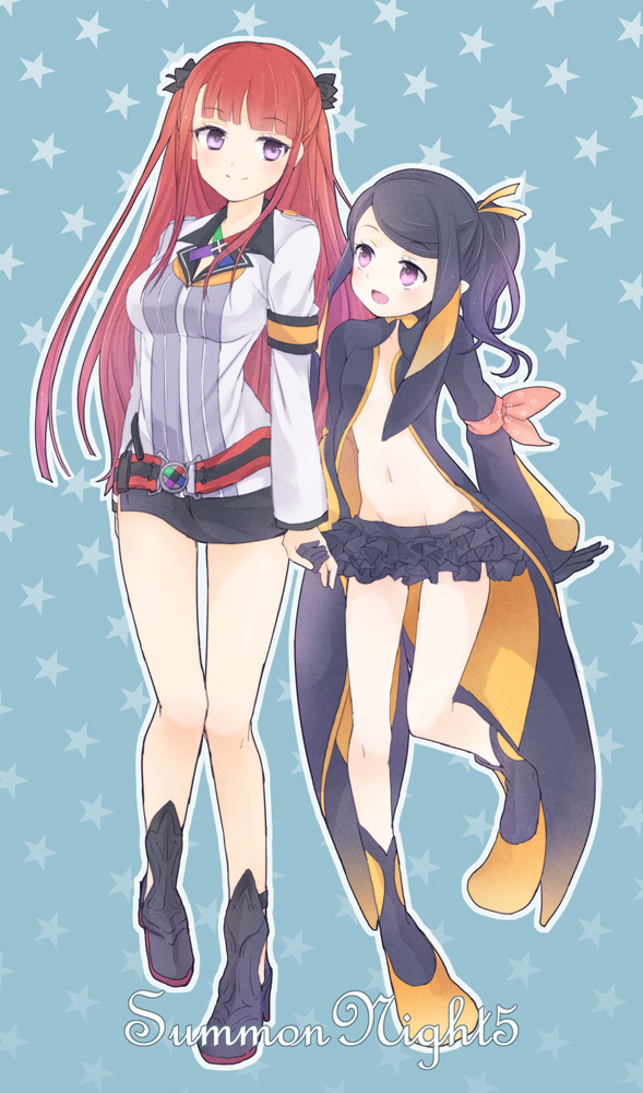 2girls, arca_(summon_night), atea, belt, black_gloves, black_hair, blue_background, breasts, copyright_name, gloves, holding_hands, long_hair, miniskirt, multiple_girls, navel, open_mouth, pariet, redhead, skirt, smile, star, summon_night, summon_night_5, very_long_hair, violet_eyes