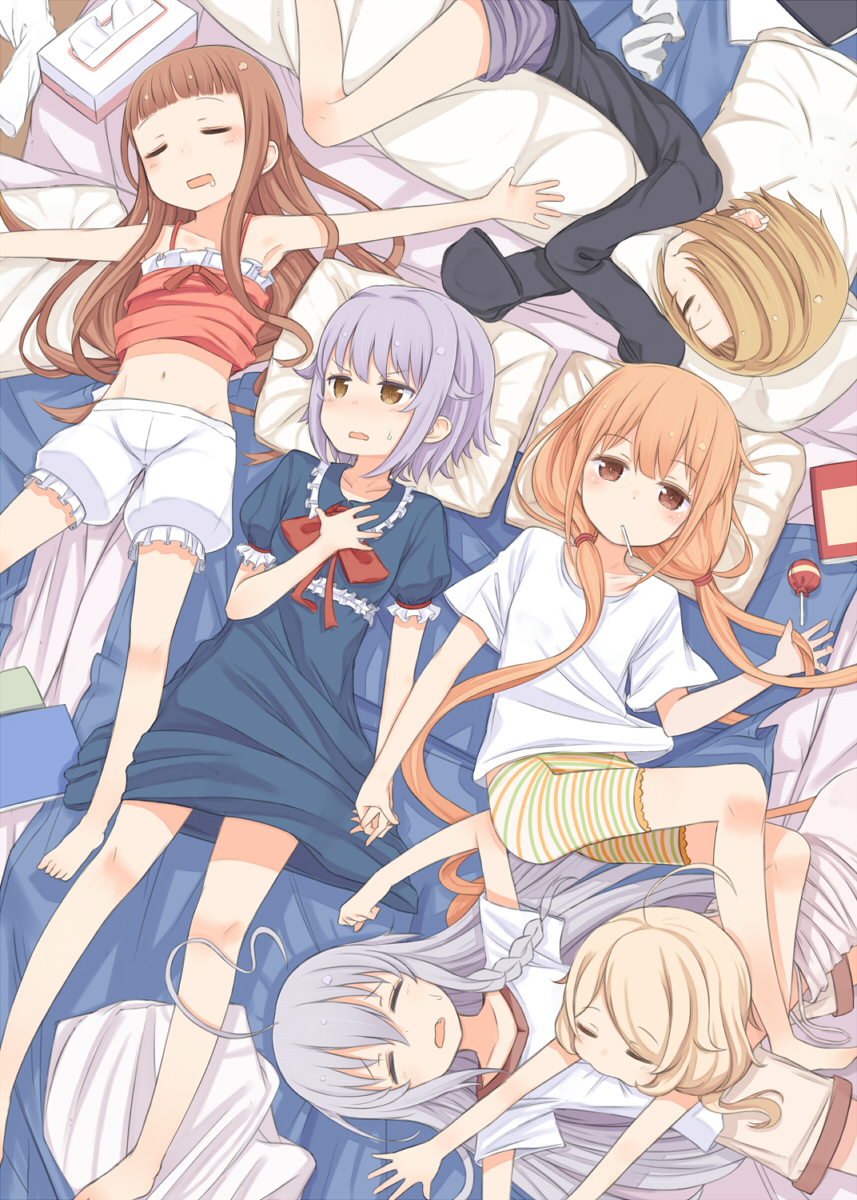 6+girls, ahoge, bangs, bare_legs, barefoot, biting_clothes, blonde_hair, blush