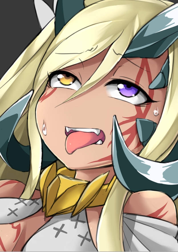 1girl, ahegao, blonde_hair, character_request, eyeroll, fun_bo, heterochromia, horns