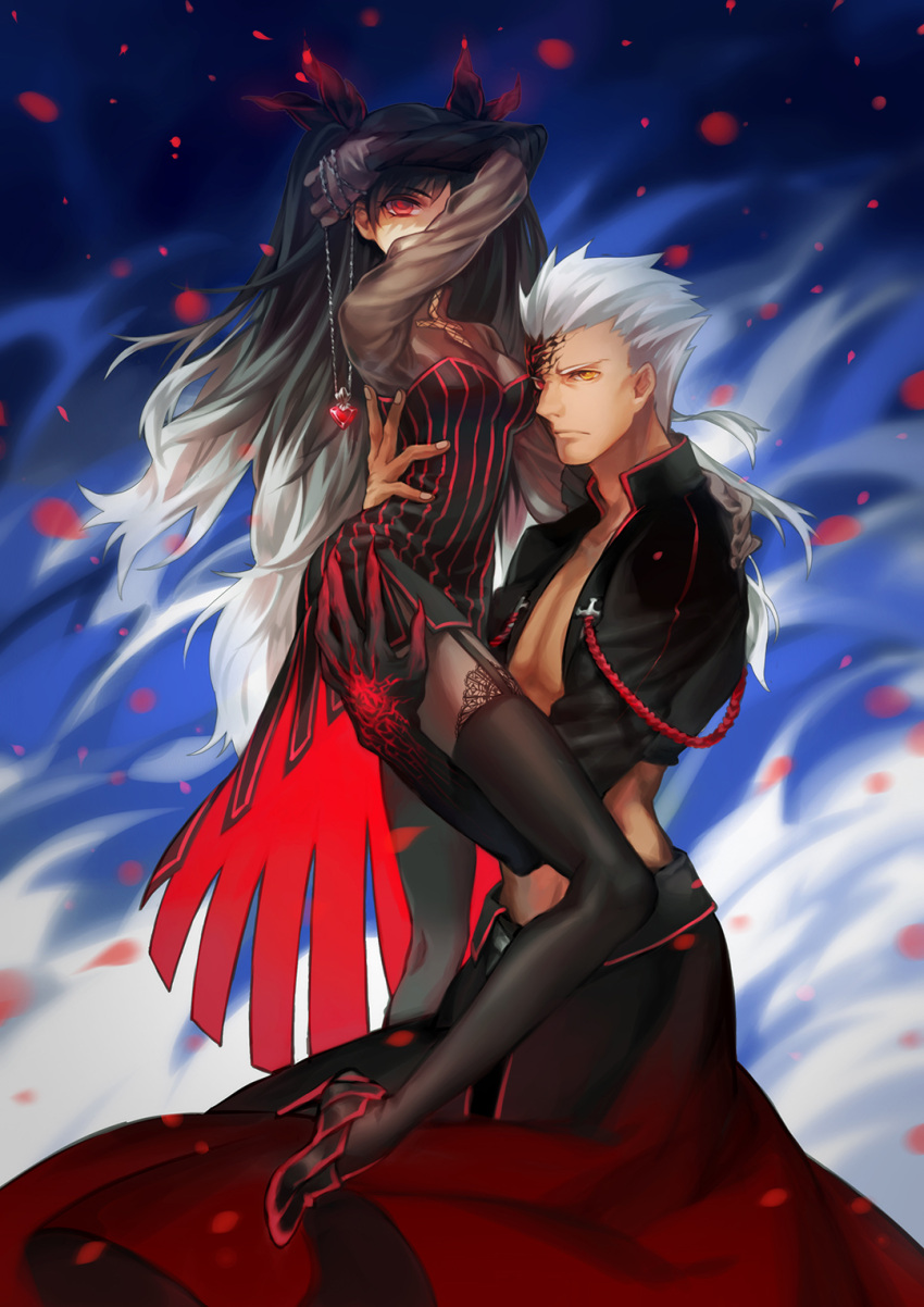 1boy, 1girl, archer, black_hair, brown_eyes, carrot_(supercarrot), dark_persona, fate/stay_night