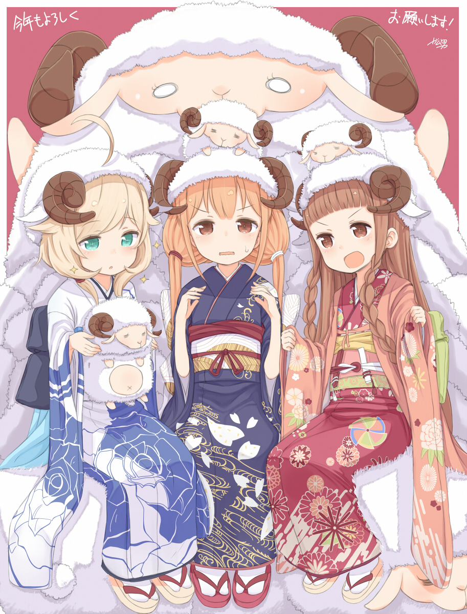 3girls, ahoge, animal_ears, bangs, blonde_hair, blush, bow, braid