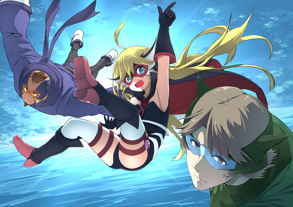 1girl, 2boys, ahoge, armpits, beard, blonde_hair, blue_eyes, boots