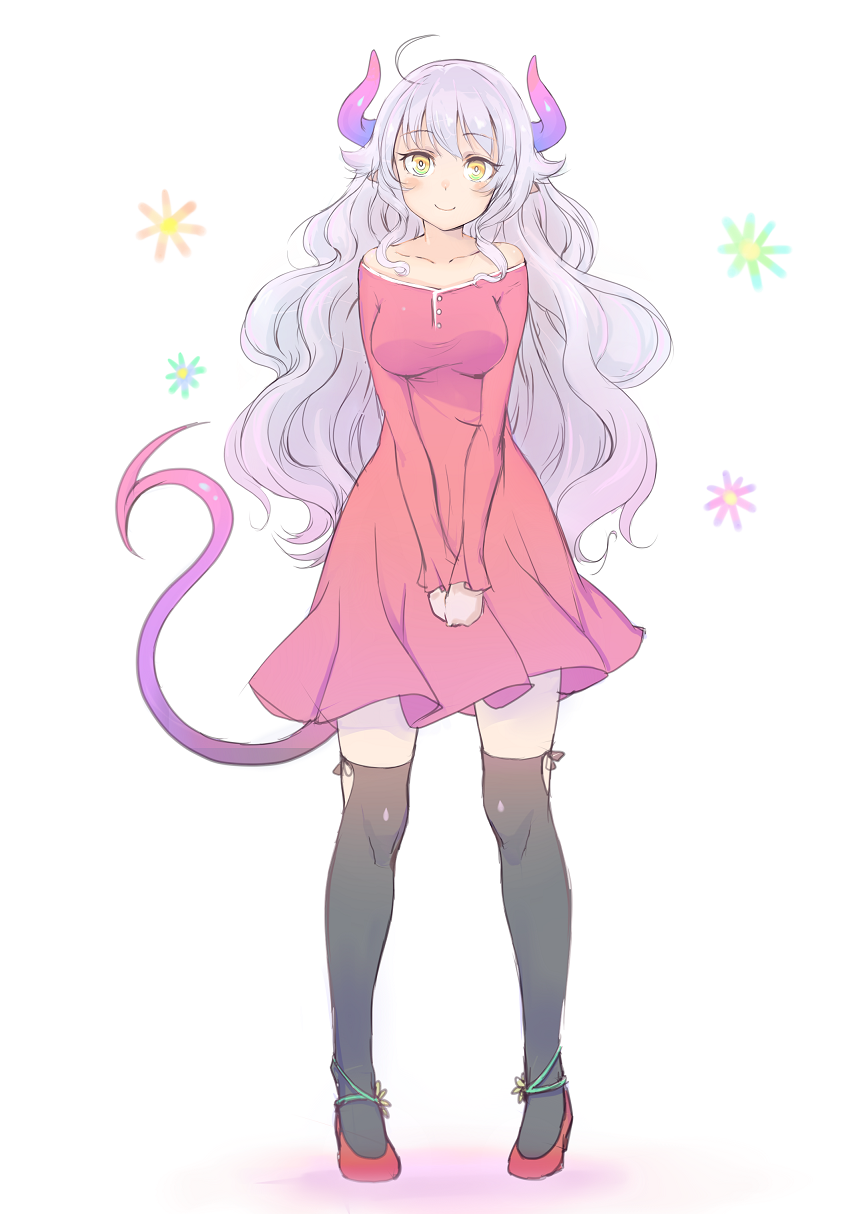 1girl, bangs, black_legwear, blush, breasts, demon_girl, demon_horns, demon_tail