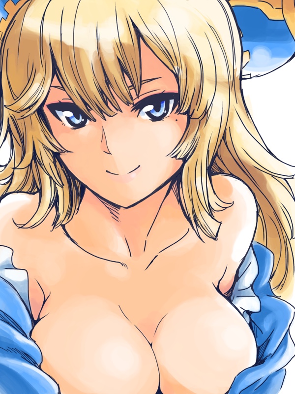 1girl, awilda_(p&amp;d), bare_shoulders, blonde_hair, blue_eyes, breasts, cleavage, collarbone