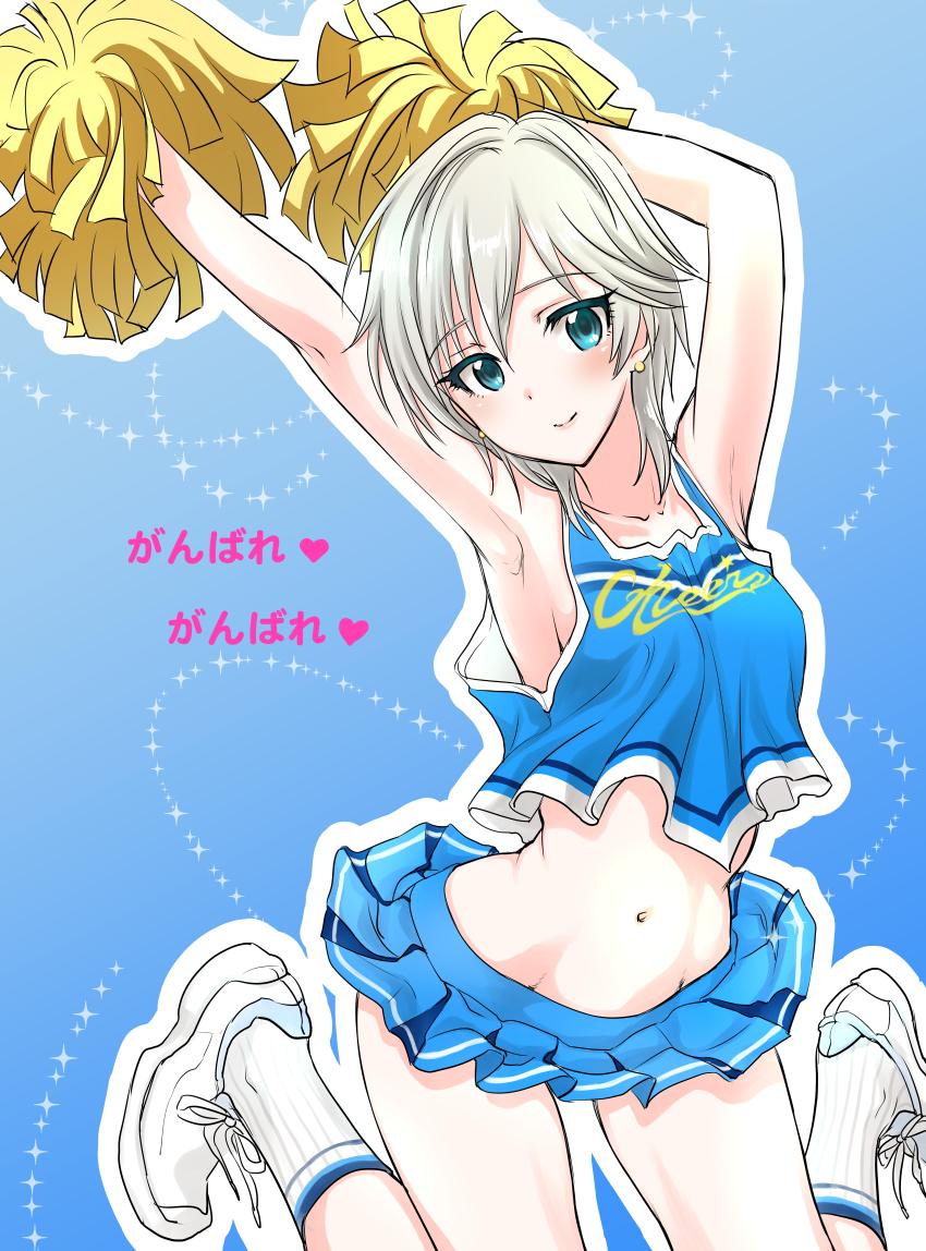 1girl, anastasia_(idolmaster), blue_eyes, blush, cheerleader_(disgaea), collarbone, eyebrows_visible_through_hair, idolmaster