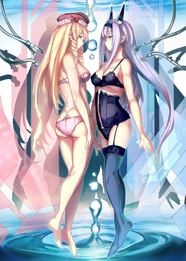 2girls, ass, bare_shoulders, blonde_hair, blue_eyes, breasts, dodonpachi, dodonpachi_daioujou