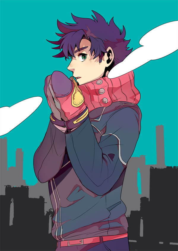 111132daiti, 1boy, black_hair, clouds, contemporary, green_eyes, jacket, jojo_no_kimyou_na_bouken, joseph_joestar_(young), mitten, purple_hair, scarf, solo