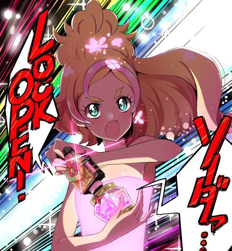 1girl, aqua_eyes, asymmetrical_hair, bare_shoulders, blonde_hair, blue_eyes, cure_flora, determined