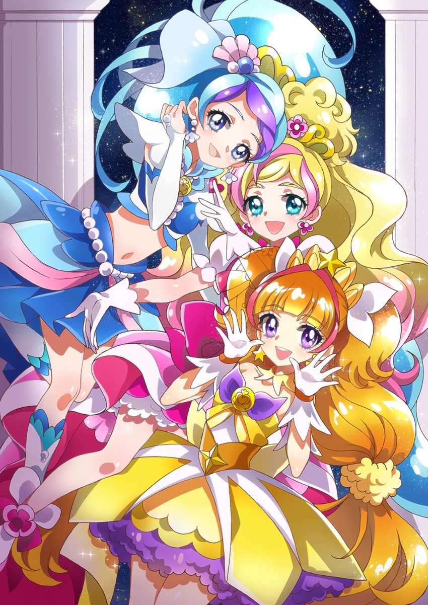 3girls, amanogawa_kirara, aqua_eyes, bare_shoulders, blonde_hair, blue_eyes, blue_hair, bow