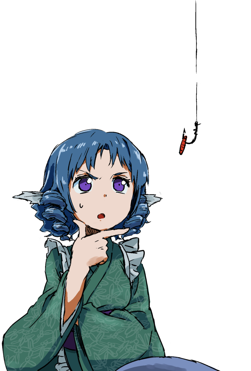 1girl, blue_hair, bust, chin_stroking, confused, drill_hair, finger_to_chin, fishing_hook