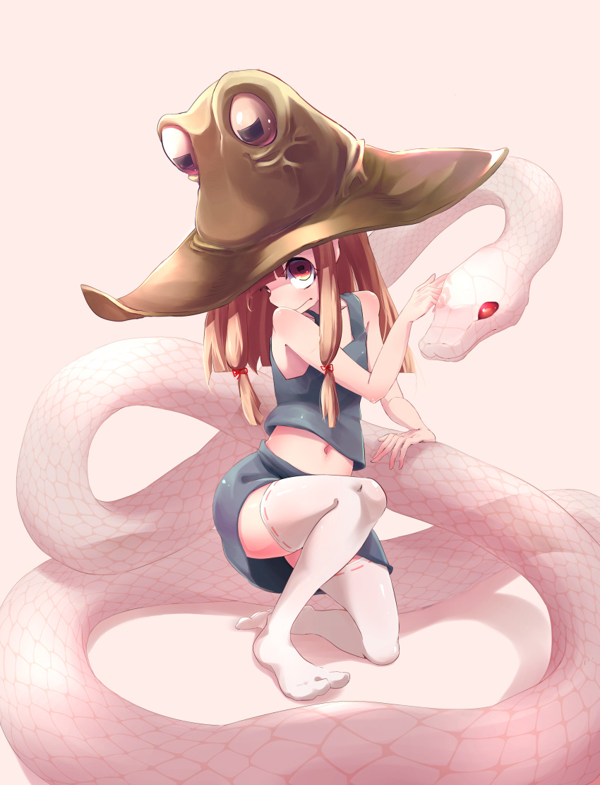 1girl, absurdres, amphibian_eyes, bare_shoulders, blonde_hair, bow, collarbone, crop_top, hair_bow, hair_ornament, hat, highres, kneeling, long_hair, looking_at_viewer, midriff, mishaguji, moriya_suwako, navel, no_shoes, ribbon-trimmed_legwear, ribbon_trim, simple_background, sitting, skirt, skirt_set, solo, thigh-highs, touhou, vest, white_background, yellow_eyes