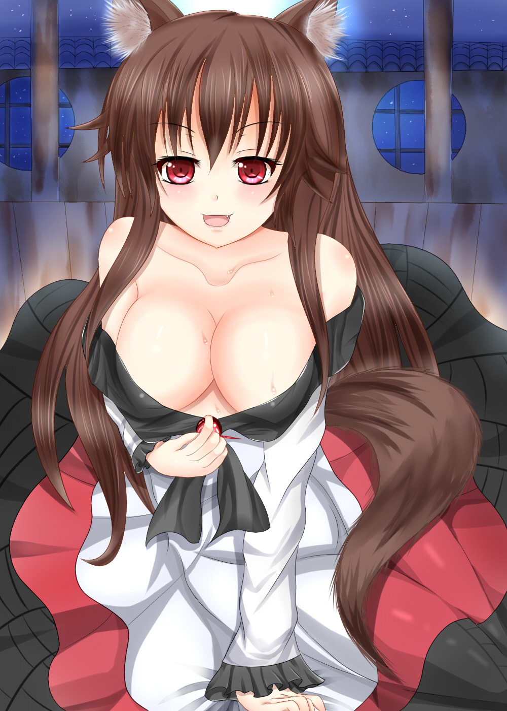 1girl, animal_ears, bare_shoulders, breasts, brown_hair, bust, cleavage, collarbone