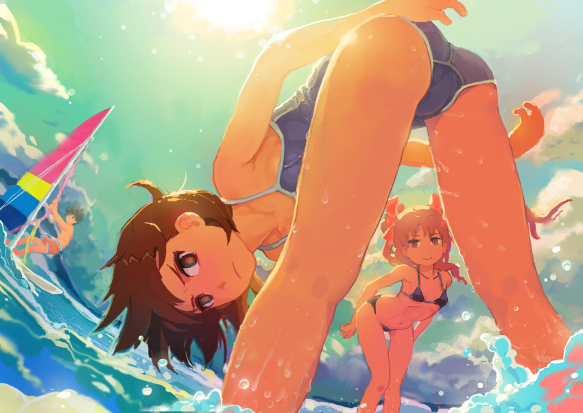 1boy, 2girls, ass, bikini, black_hair, brown_hair, erebus_(artist), highres