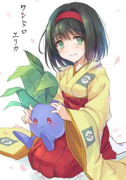 1girl, black_hair, erika_(pokemon), green_eyes, hairband, japanese_clothes, kimono, kneeling