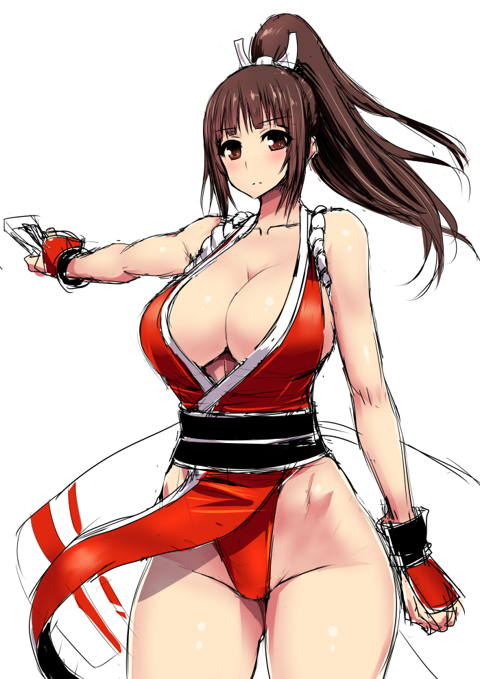 1girl, blush, breasts, brown_eyes, brown_hair, cleavage, fan, fatal_fury