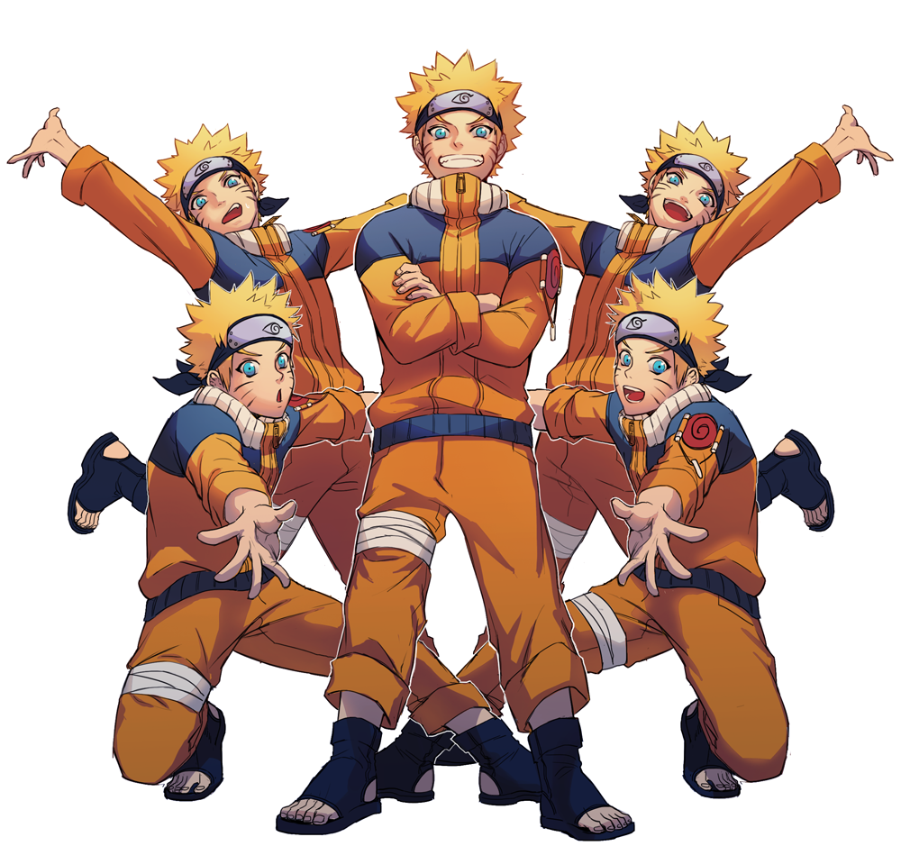 5boys, blonde_hair, blue_eyes, clone, forehead_protector, hahihu1782, multiple_boys, naruto, symmetry, uzumaki_naruto