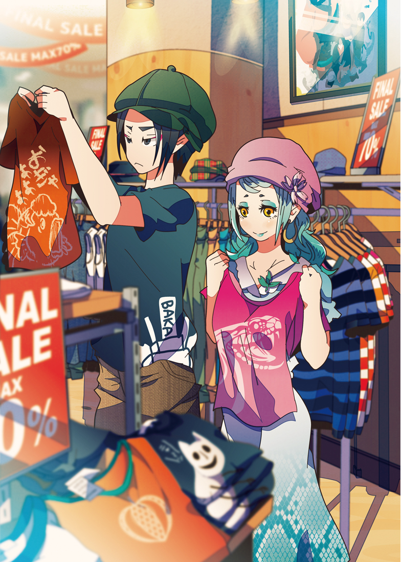 1boy, 1girl, aqua_hair, black_eyes, black_hair, casual, earrings, green_hair