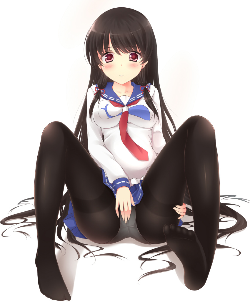 1girl, absurdres, black_hair, black_legwear, blush, breasts, cosplay, highres, isokaze_(kantai_collection), kantai_collection, long_hair, panties, panties_under_pantyhose, pantyhose, red_eyes, school_uniform, serafuku, skirt, solo, taigei_(kantai_collection), taigei_(kantai_collection)_(cosplay), underwear, zhou_yu_(ppaaqz1995)