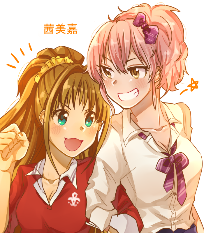 2girls, aqua_eyes, blush, bow, brown_hair, grin, hair_bow, height_difference