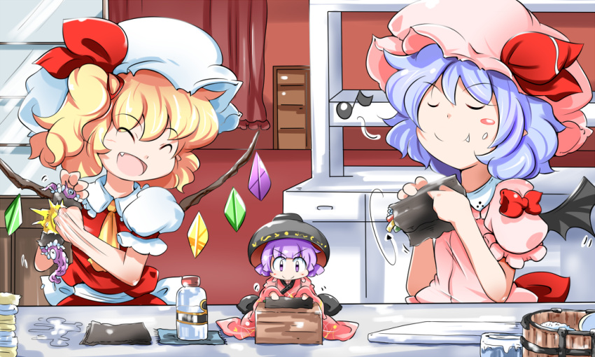 3girls, ascot, bat_wings, bottle, bowl, closed_eyes, dress, fang