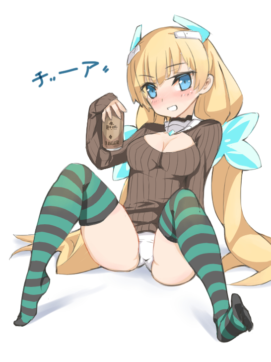 1girl, alternate_costume, angela_balzac, blonde_hair, blue_eyes, blush, breasts, can