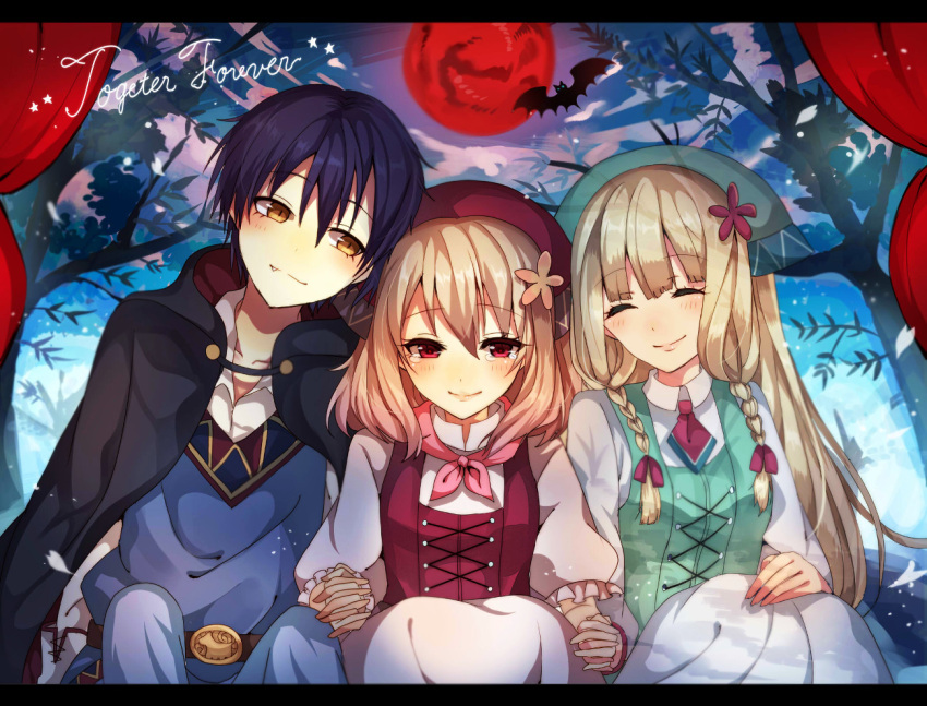 1boy, 2girls, ange_(gensou_otome_no_okashi_na_kakurega), bangs, belt, bernd, blonde_hair, blue_hair, blunt_bangs, blush, braid, brown_hair, cape, closed_eyes, crying, crying_with_eyes_open, cynthia_(gensou_otome_no_okashi_na_kakurega), fang, flower, gensou_otome_no_okashi_na_kakurega, hair_flower, hair_ornament, holding_hands, long_hair, long_sleeves, multiple_girls, nagu_jona, necktie, red_eyes, short_sleeves, smile, tears, twin_braids, two_side_up, very_long_hair, yellow_eyes