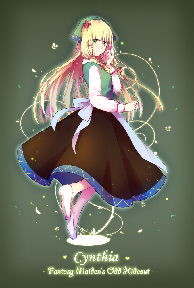 1girl, apron, bangs, black_skirt, blonde_hair, blunt_bangs, braid, character_name, copyright_name, cynthia_(gensou_otome_no_okashi_na_kakurega), flower, gensou_otome_no_okashi_na_kakurega, green_eyes, hair_flower, hair_ornament, hair_ribbon, long_hair, long_skirt, long_sleeves, mary_(14476764), ribbon, skirt, solo, twin_braids, two_side_up, very_long_hair