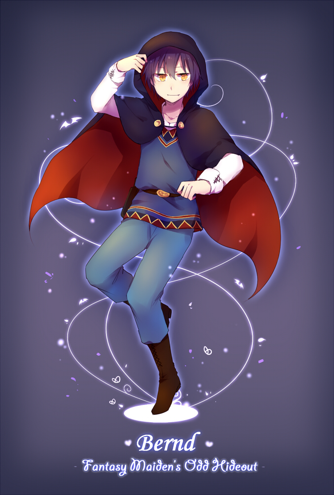 1boy, bernd, blue_hair, boots, brown_boots, cape, character_name, copyright_name