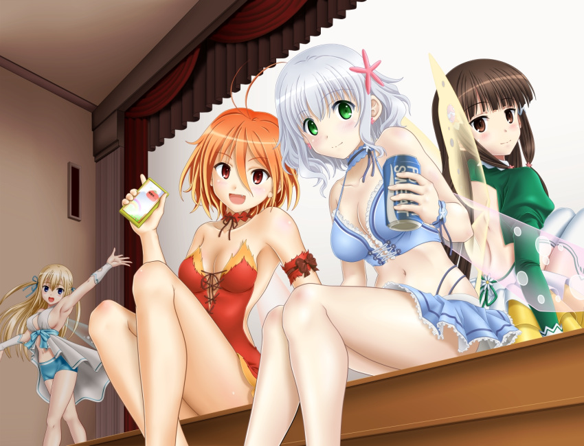 4girls, amagi_brilliant_park, antenna_hair, bare_shoulders, blonde_hair, blue_hair, blush, breasts